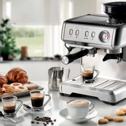 Cafetera Espresso de metal con molinillo de café y monodosis Ariete