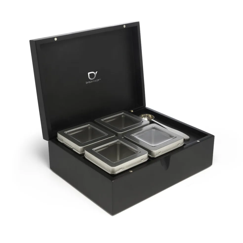 Caja de té de bambú con 4 recipientes y cuchara medidora Bredemeijer