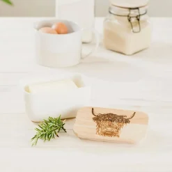 Mantequera cerámica con tapa de madera de roble Selbrae