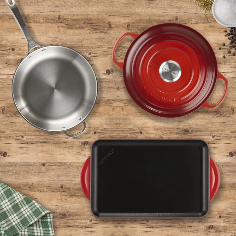 Pack Completo Le Creuset: Cocotte + Parrilla de hierro + Sartén inox 3-Ply