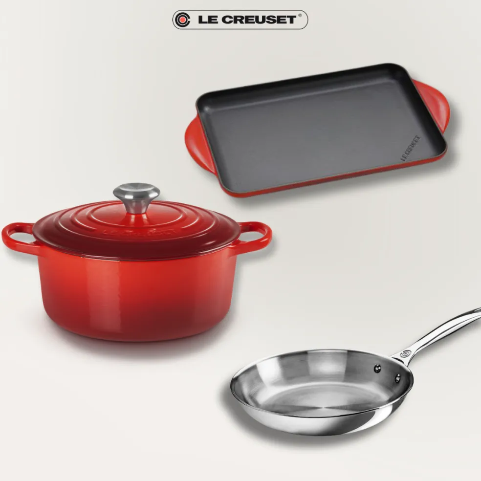Pack Completo Le Creuset: Cocotte + Parrilla de hierro + Sartén inox 3-Ply