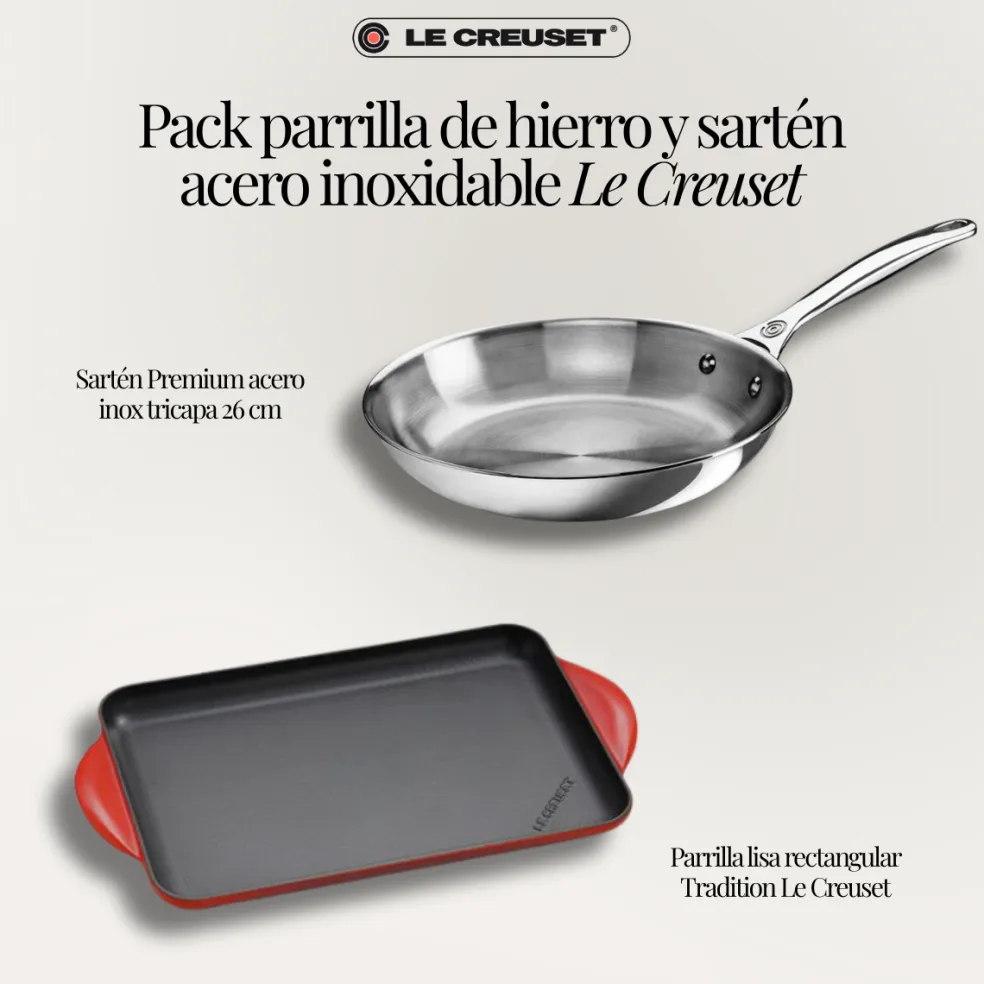 Pack parrilla de hierro y sartén acero inoxidable Le Creuset
