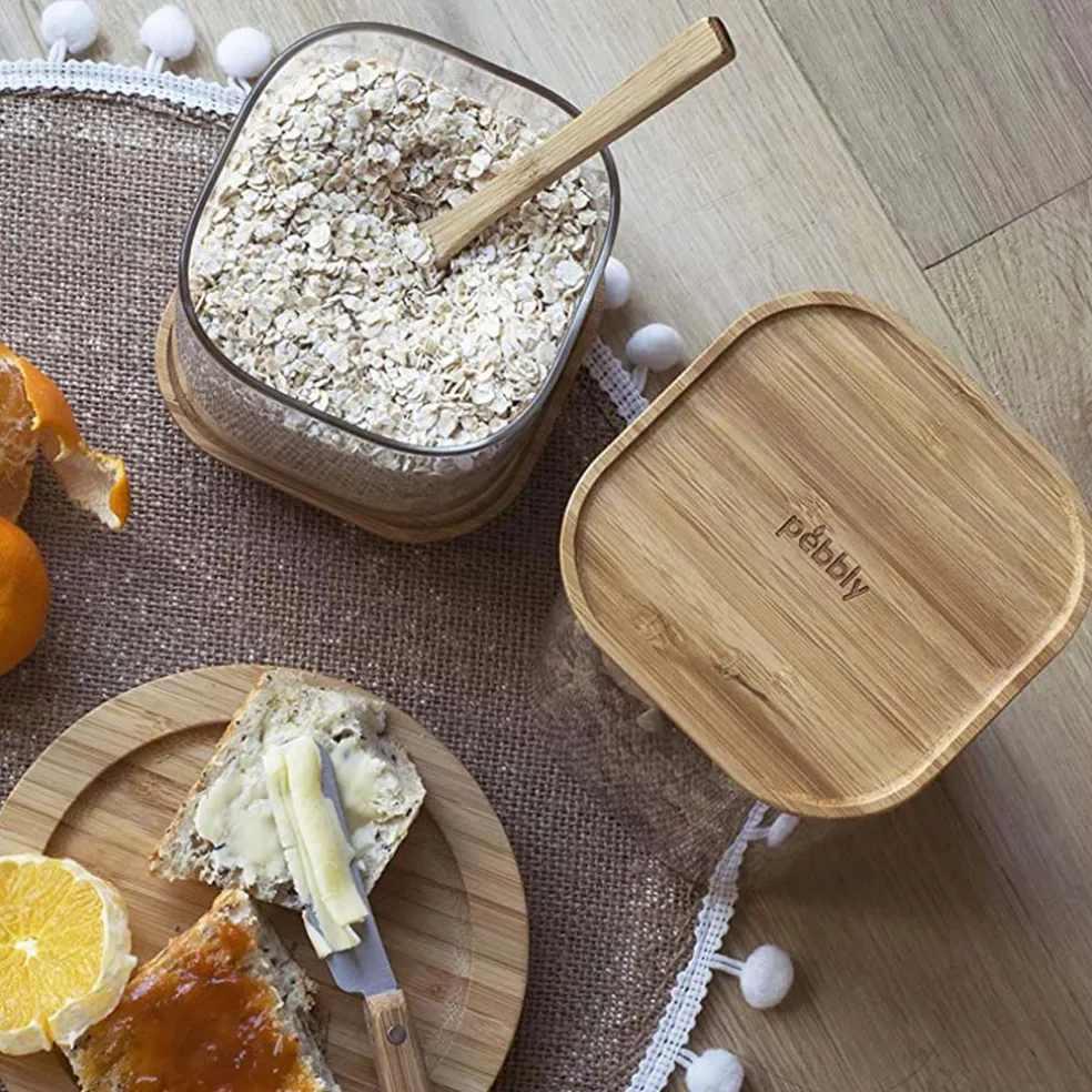 Recipientes herméticos de cristal con tapa de bambú Pebbly