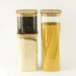 Recipientes herméticos de cristal con tapa de bambú Pebbly