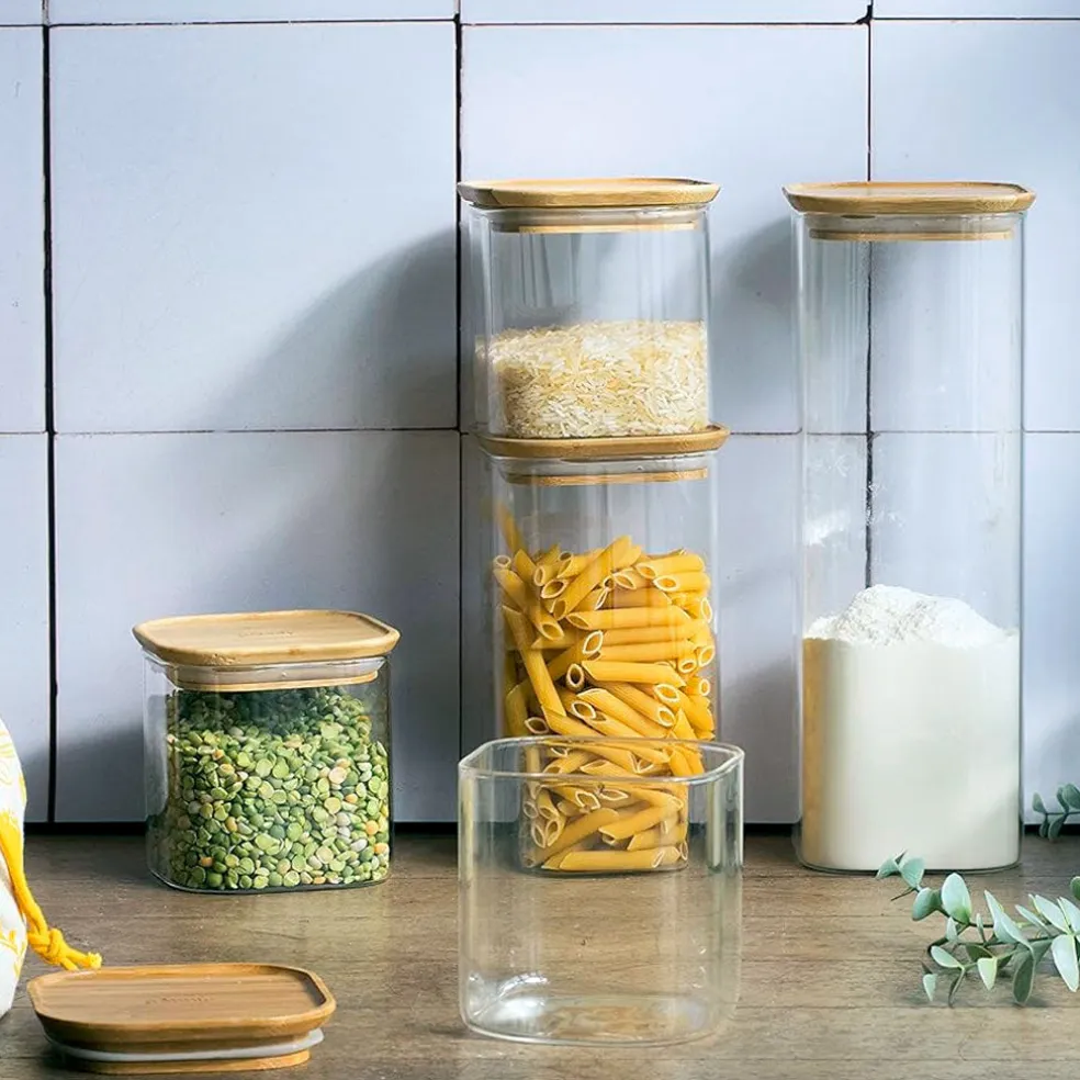 Recipientes herméticos de cristal con tapa de bambú Pebbly