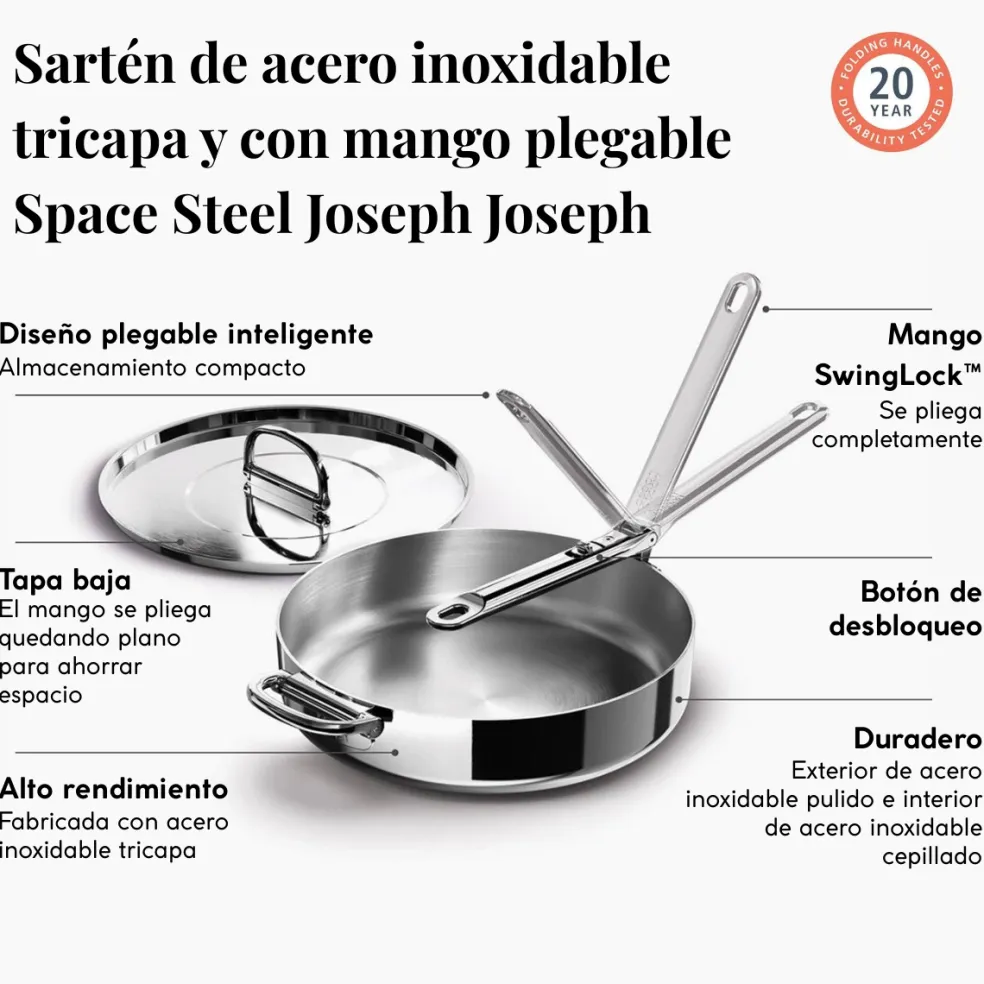 Sartén de acero inoxidable tricapa y con mango plegable Space Steel Joseph Joseph