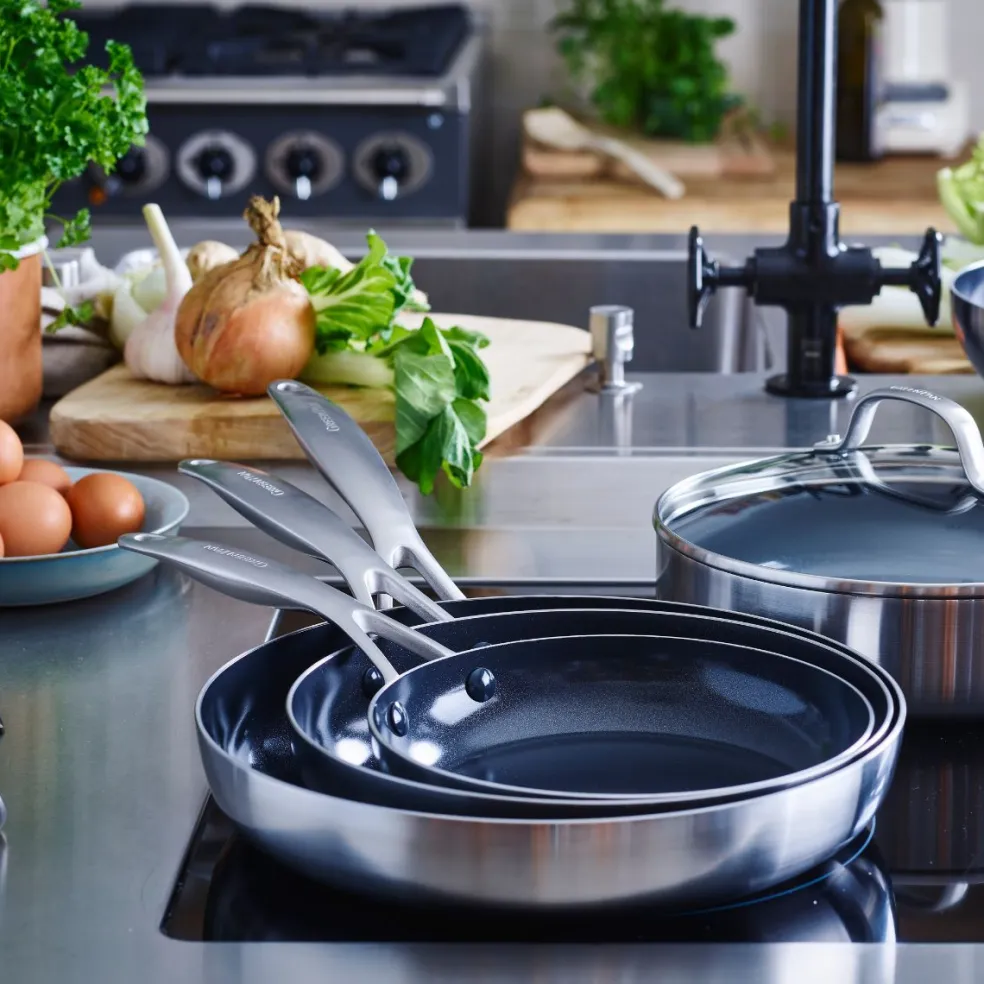Set de 2 sartenes cerámicas con exterior de acero inoxidable Geneva GreenPan