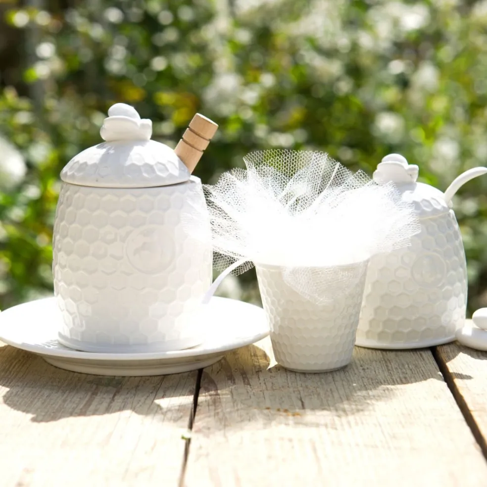 Tarro para la miel de porcelana con cuchara de madera Aperegina La Porcellana Bianca