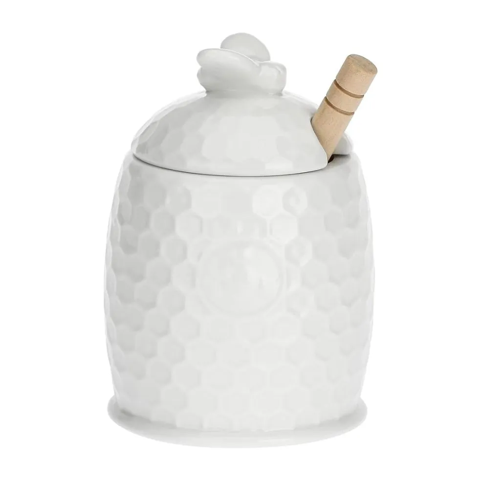 Tarro para la miel de porcelana con cuchara de madera Aperegina La Porcellana Bianca