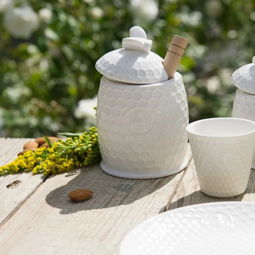 Tarro para la miel de porcelana con cuchara de madera Aperegina La Porcellana Bianca