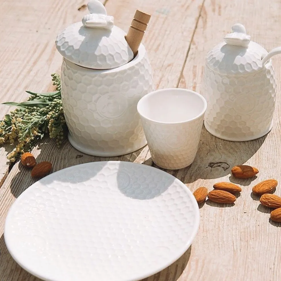 Tarro para la miel de porcelana con cuchara de madera Aperegina La Porcellana Bianca
