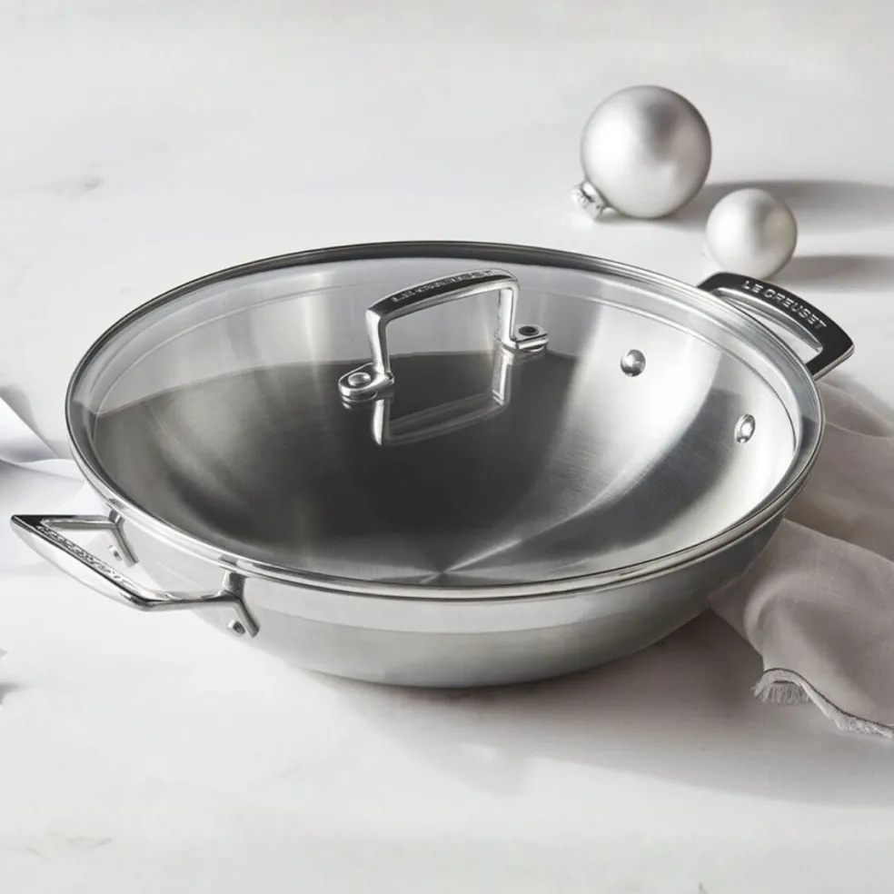 Wok de acero inoxidable con tapa de cristal Tricapa 3-PLY Le Creuset